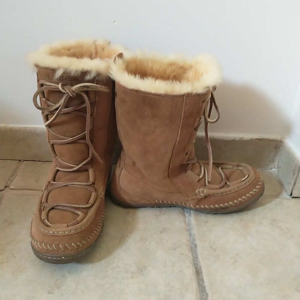 LL Bean Wicked Good Lodge Winter Snow Boots Womens 7M Shearling Suede Brown